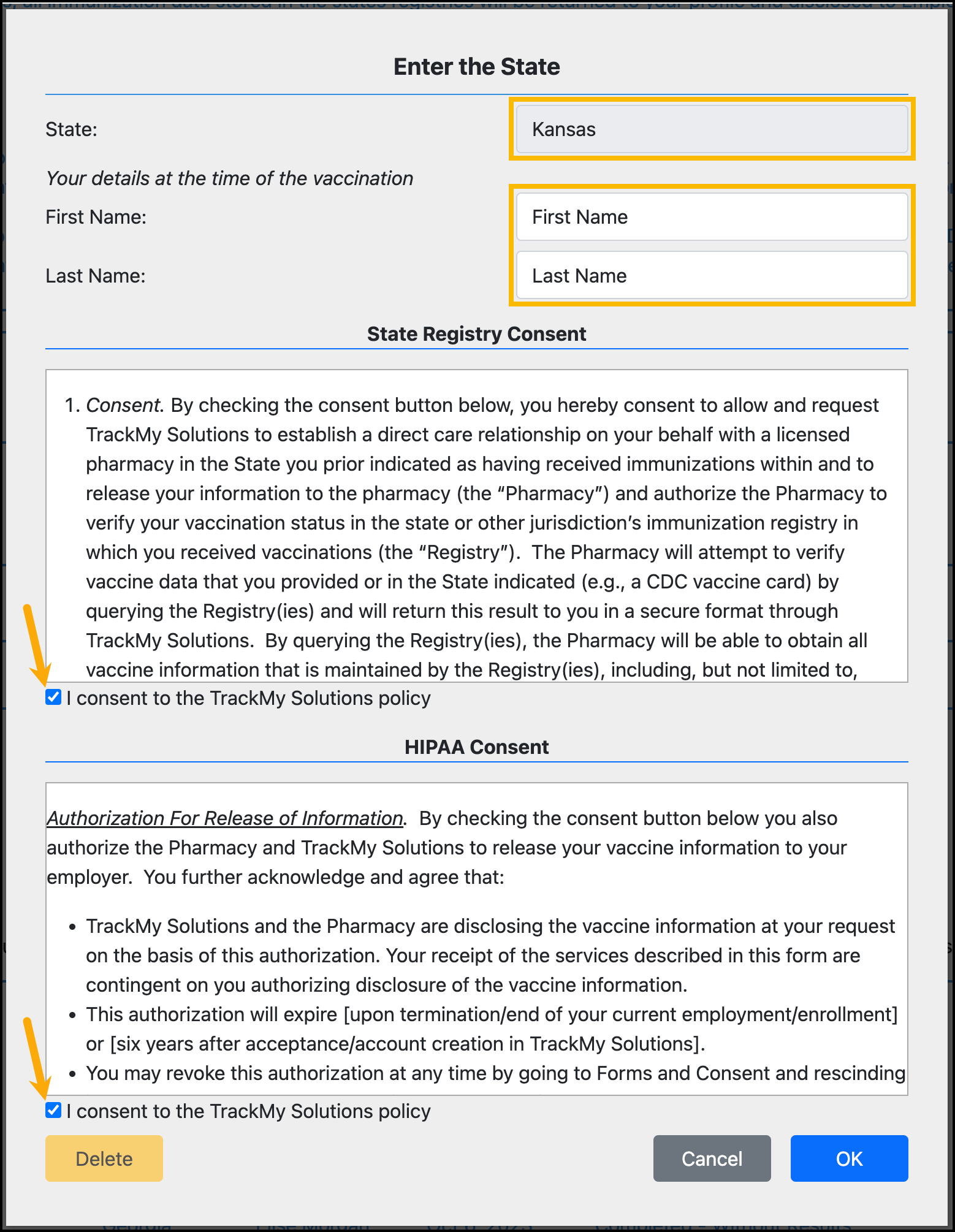 Screenshot of the vaccination query form to request vaccination records from a state.