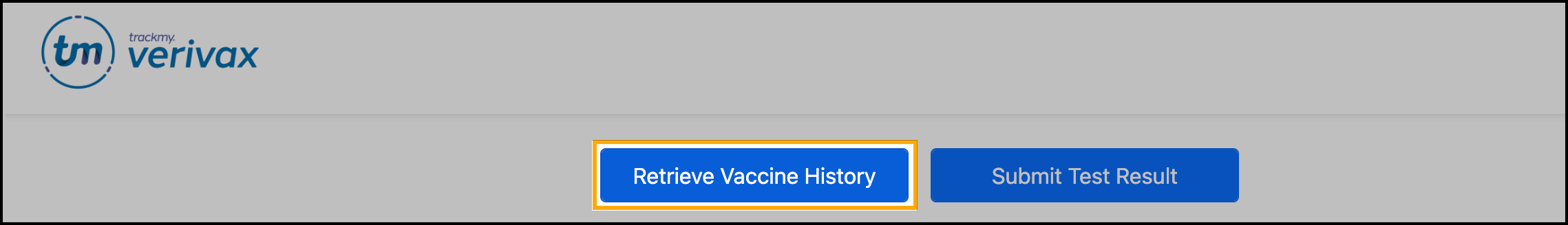 Screenshot showing the location of the Retrieve Vaccine History button in the TrackMy portal.