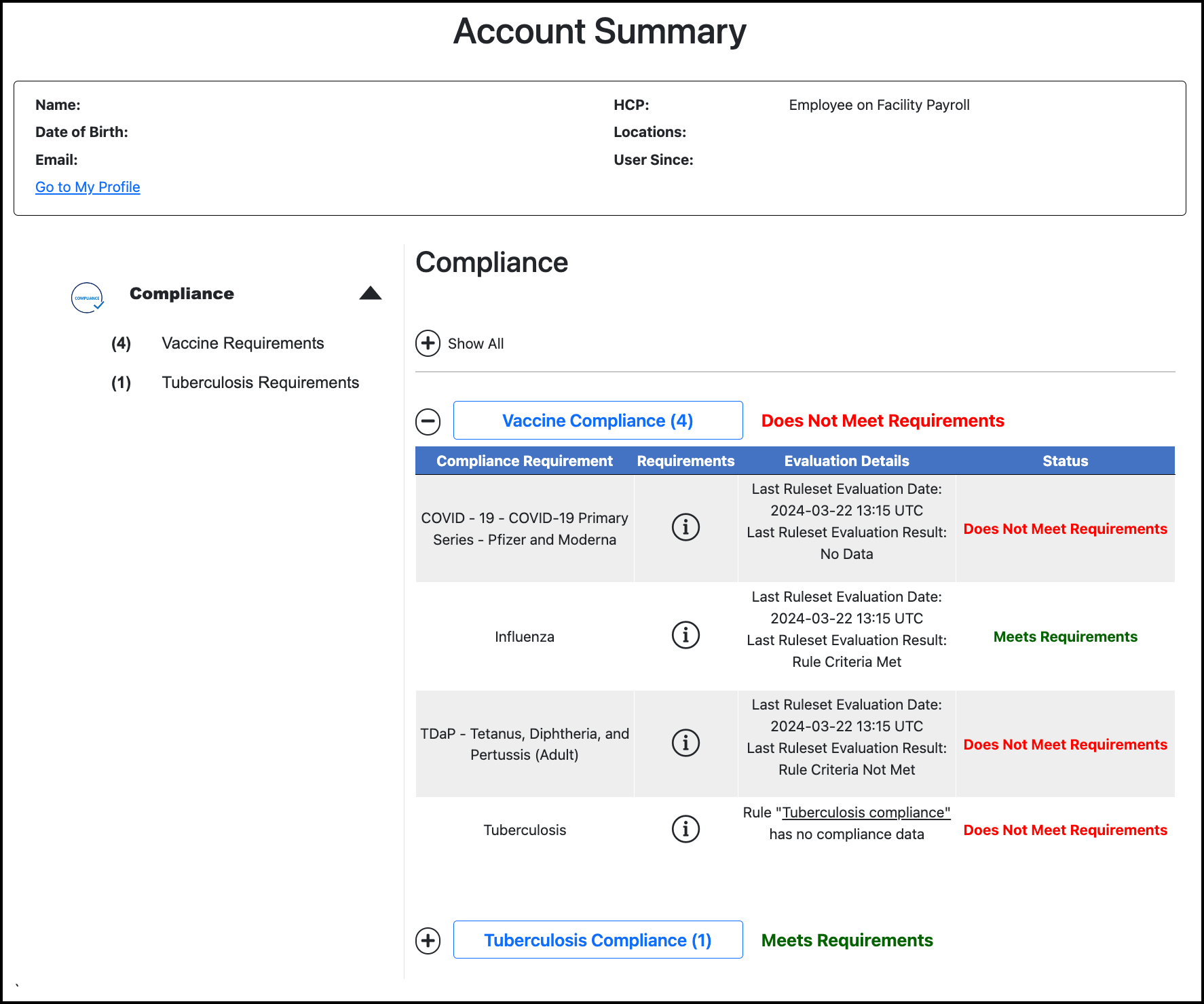 Screenshot of the Account Summary compliance category expanded.