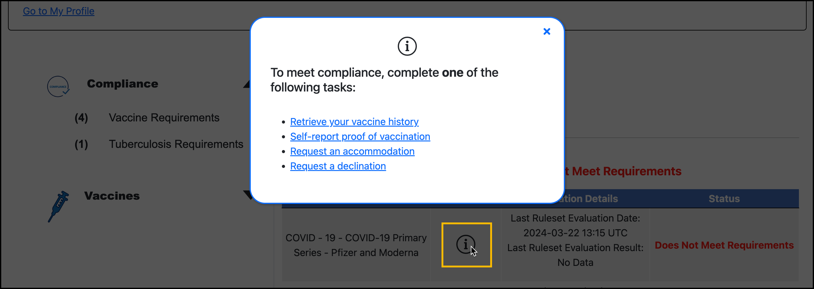 Screenshot of a compliance information popup.