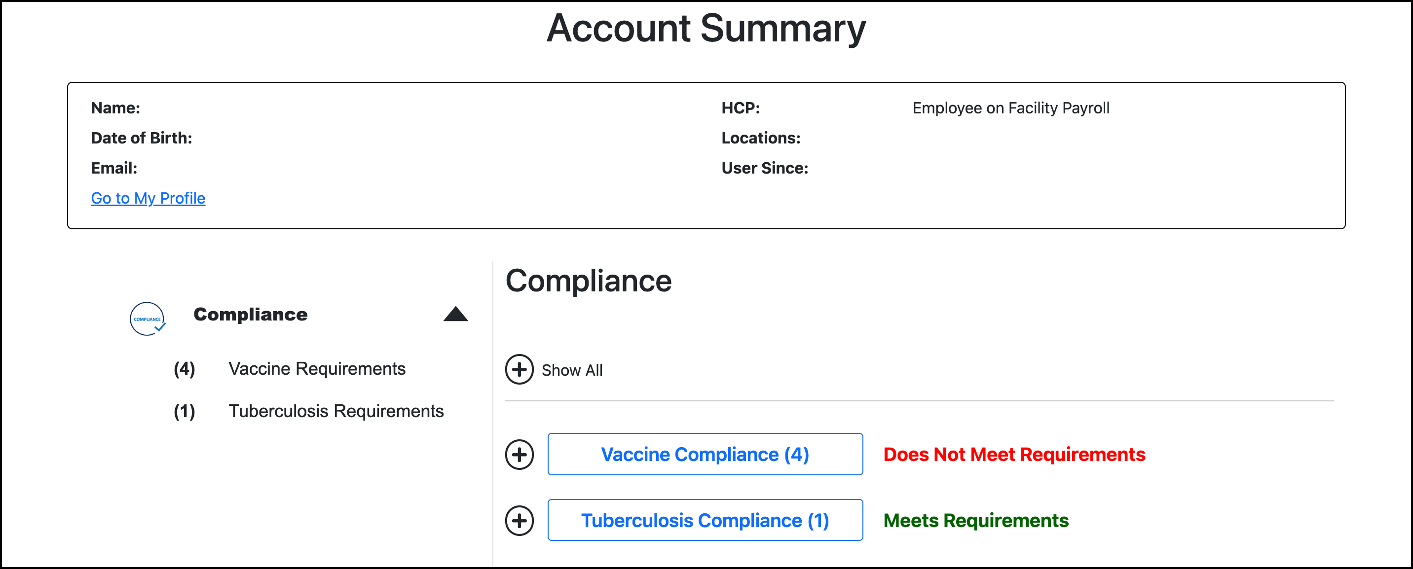 Screenshot of the the Account Summary compliance section.