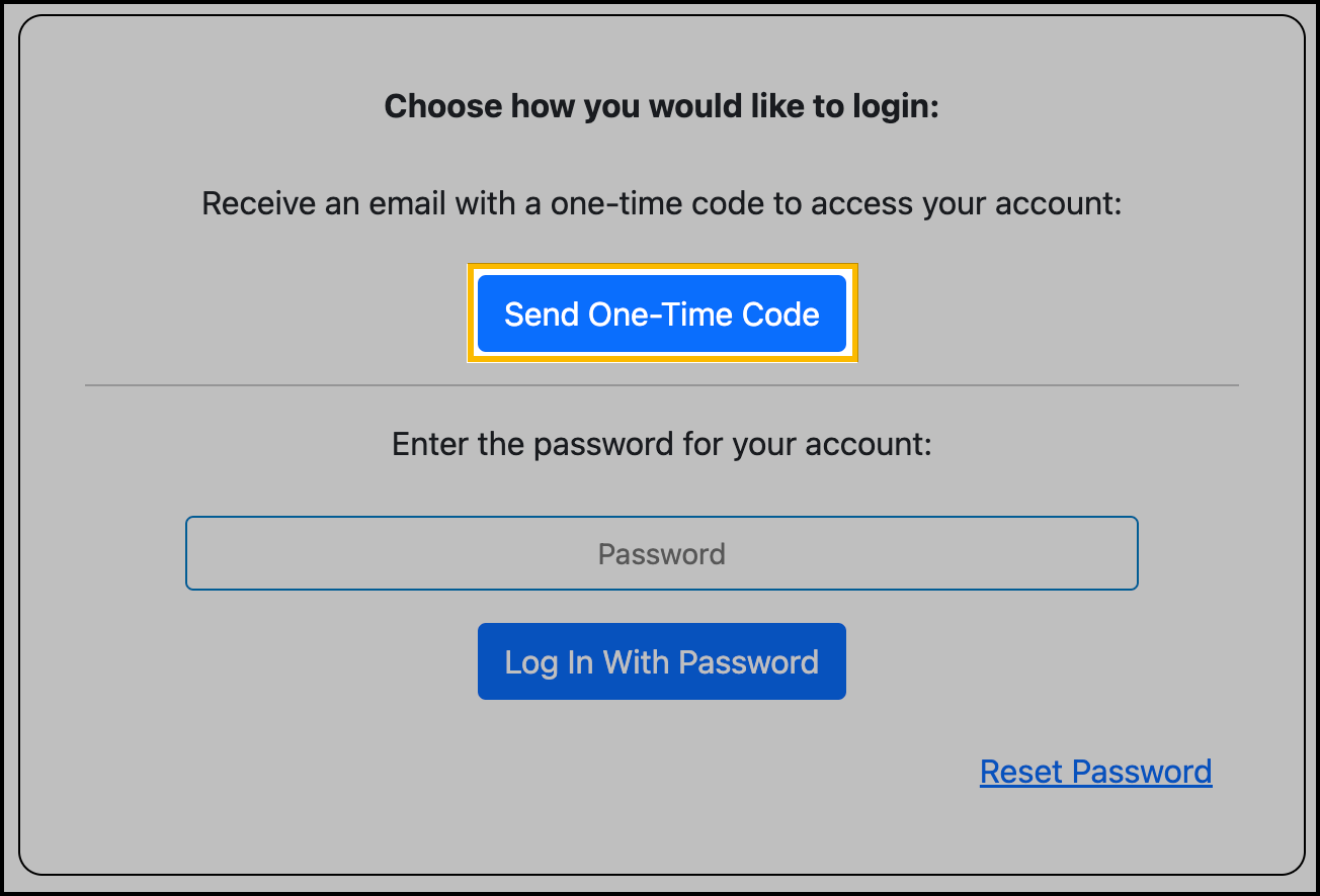 Screenshot showing the location of the Send One-Time Code button to receive a one-time login code.