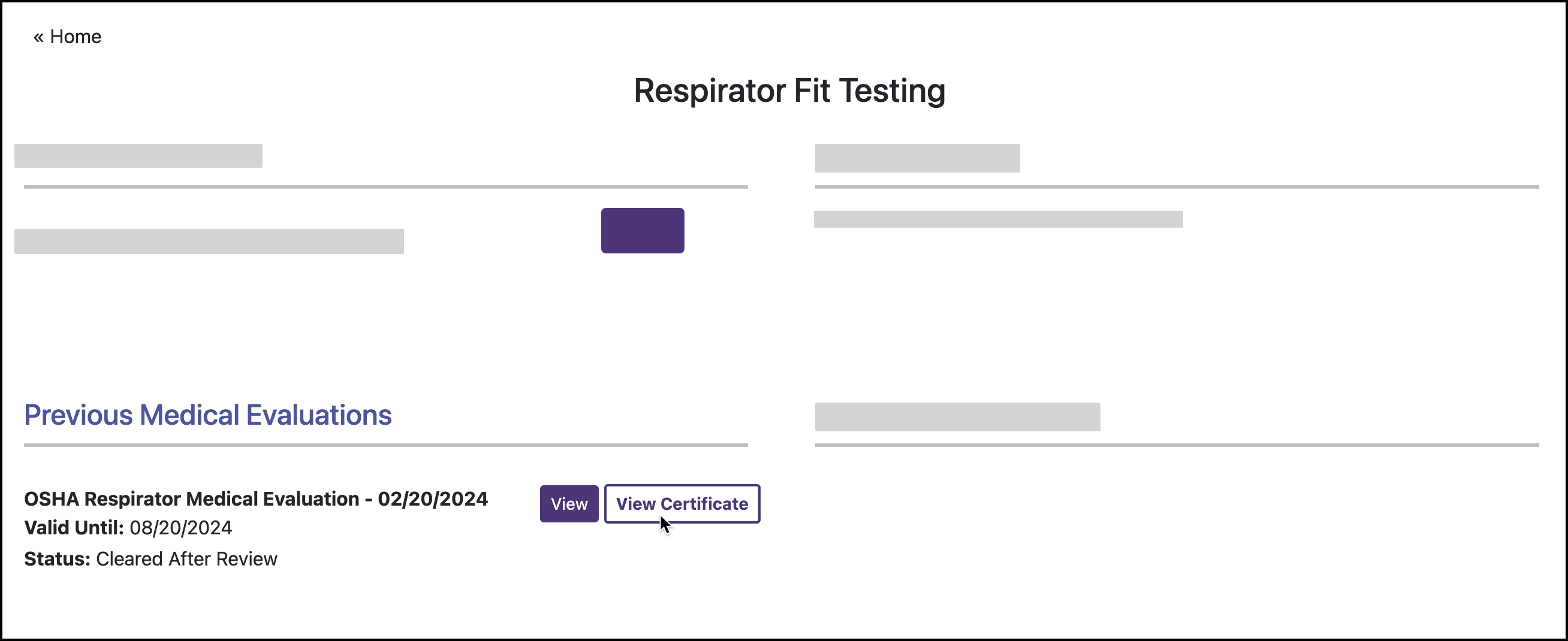 Screenshot showing the location of Previous Medical Evaluations in the patient Respirator Fit Testing dashboard.
