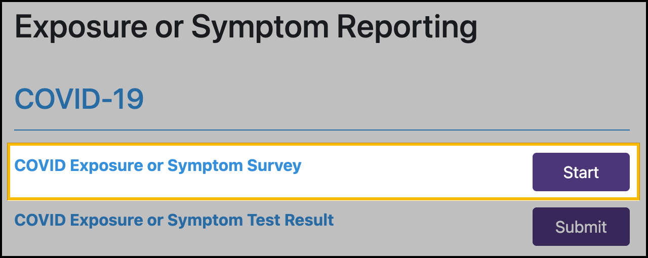 Screenshot of the COVD survey start button.