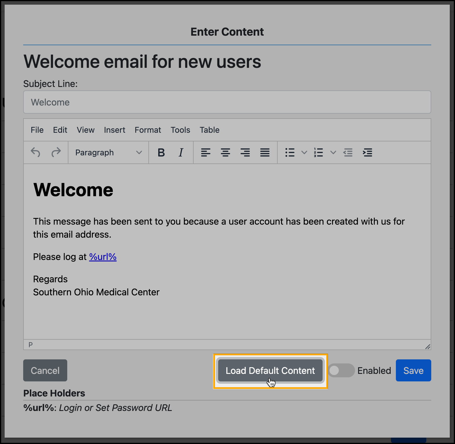 Screenshot showing the location of the Load Default Content button available in the email template editor.