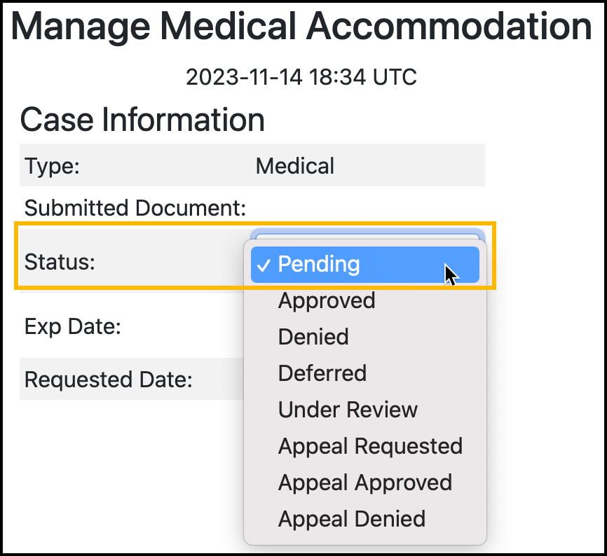 Screenshot showing the location of the drop down menu with Status options for an accommodation submission.