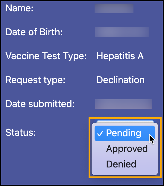 Screenshot of Status dropdown menu available in the Declination form review. The available selections are Pending, Approved, and Denied for a declination submission.