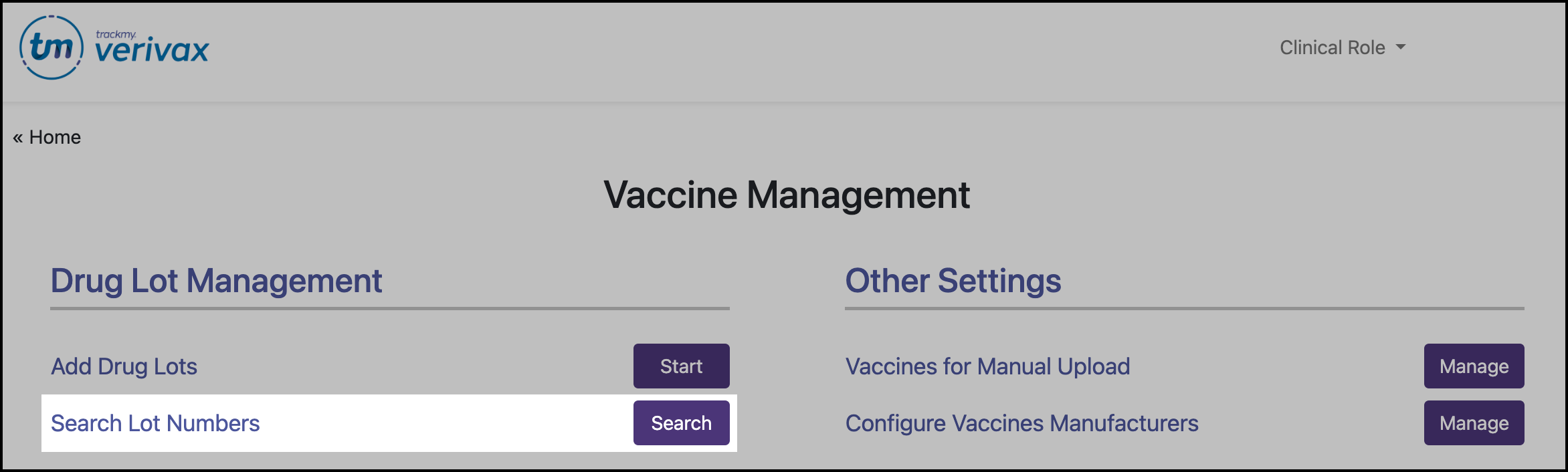 Screenshot of Search Lot Numbers in Manage Vaccines.