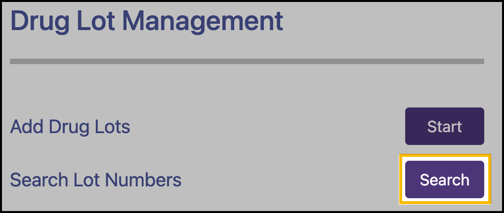 Screenshot to show the location of the Search button for Search Lot Numbers.