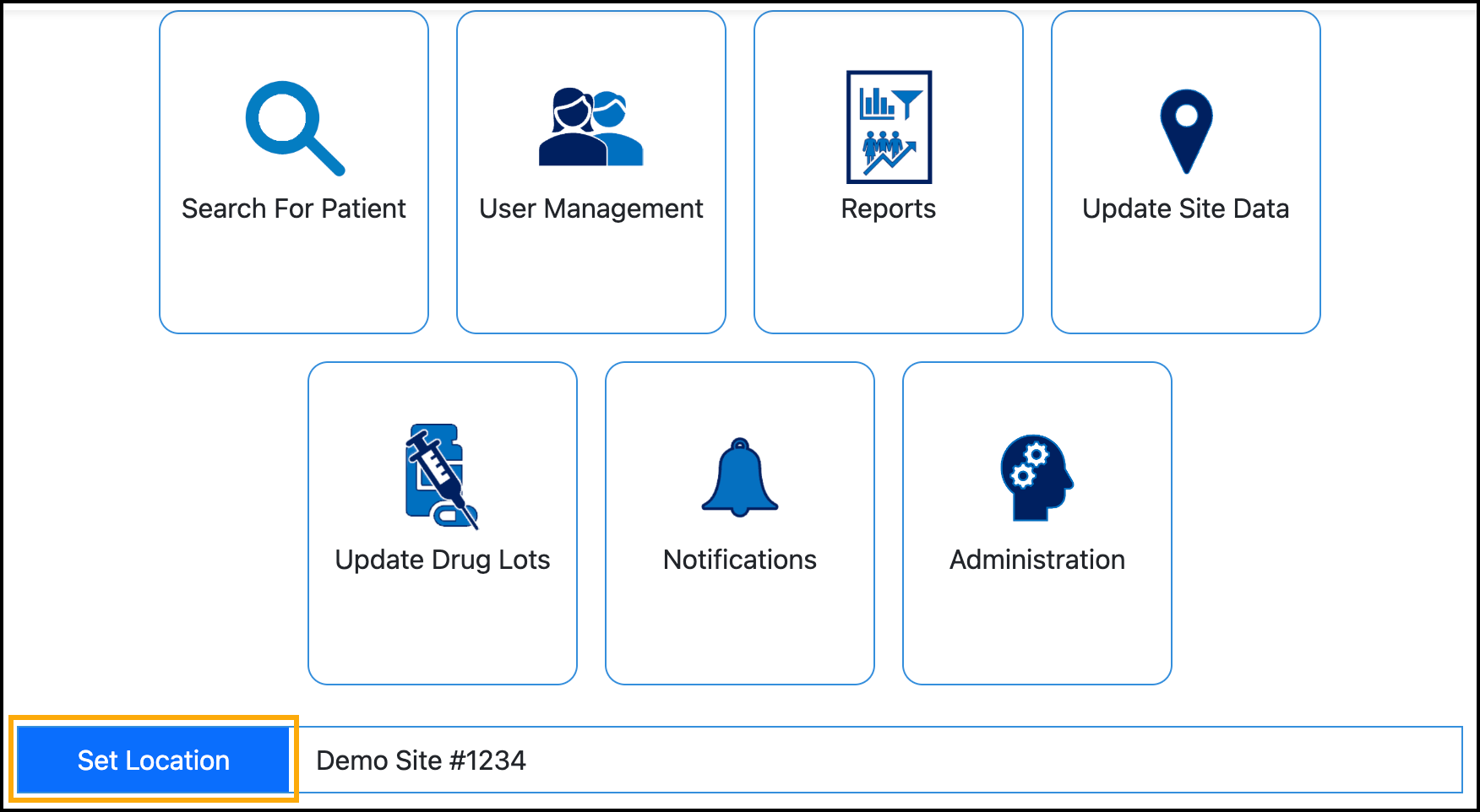 Screenshot of the Set Location button in the TrackMy clinical portal. It is below all other buttons in the portal.