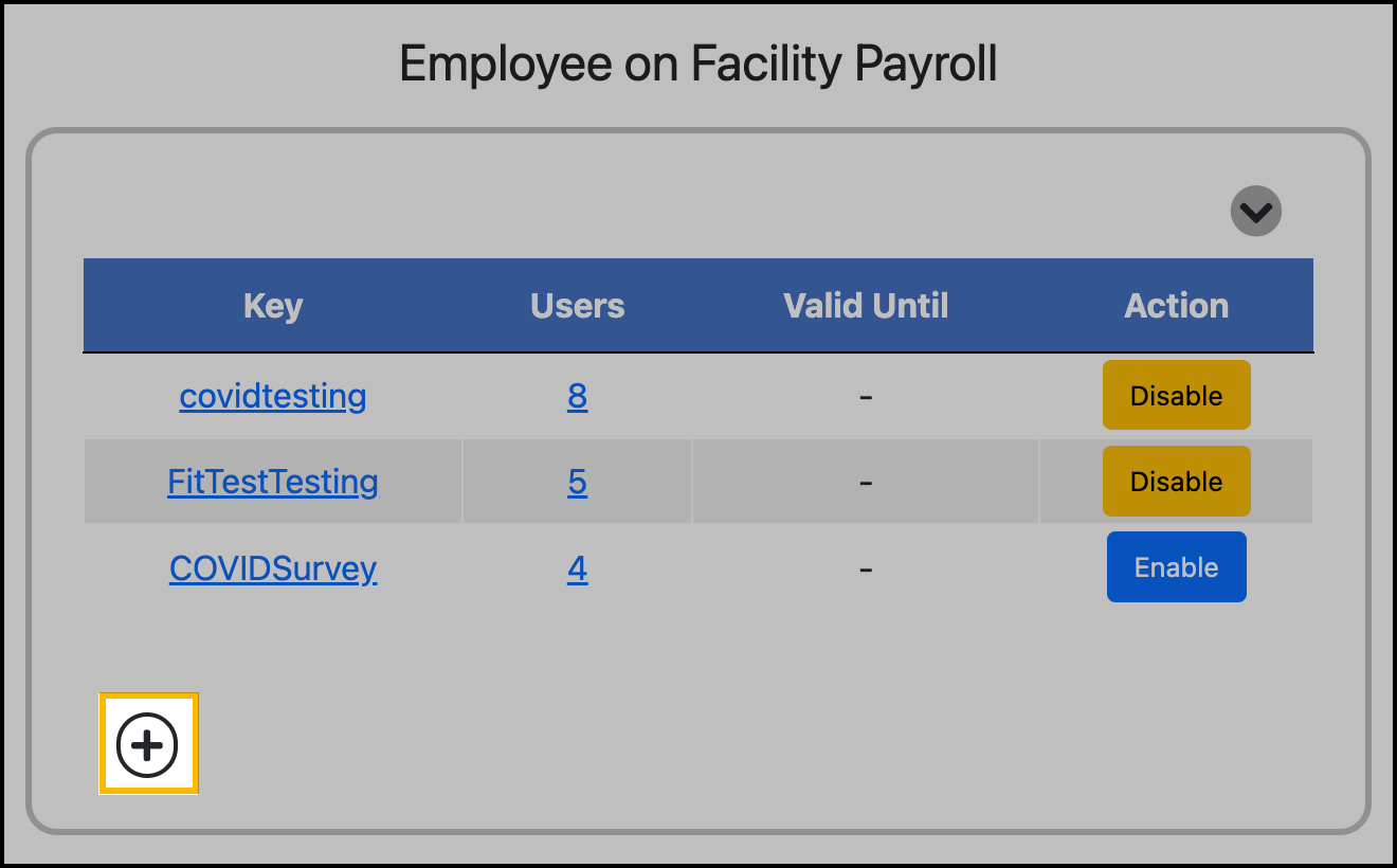 Screenshot of the Registration Keys dashboard showing the location of the add key button.