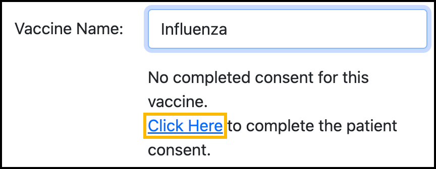 Screenshot of the message that appears when a patient attempts to receive a vaccine dose without a complete consent form on file.