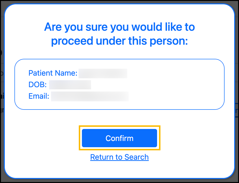 Screenshot of the patient confirmation pop-up window.