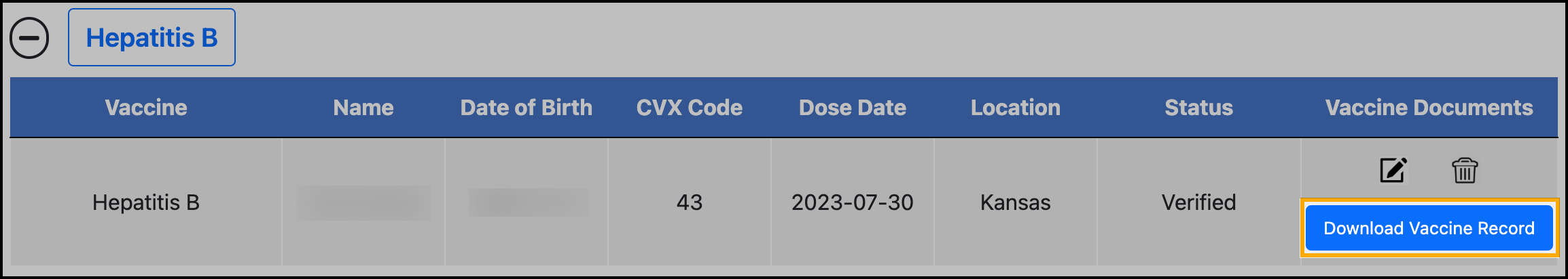 Screenshot of patient vaccine record for the Hepatitis B vaccine. They received a dose at the clinic, so there is a Download Vaccine Record button under Vaccine Documents in their vaccine record.