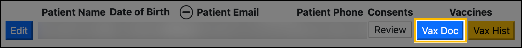 Screenshot showing the location of the Vax Doc button in patient search.