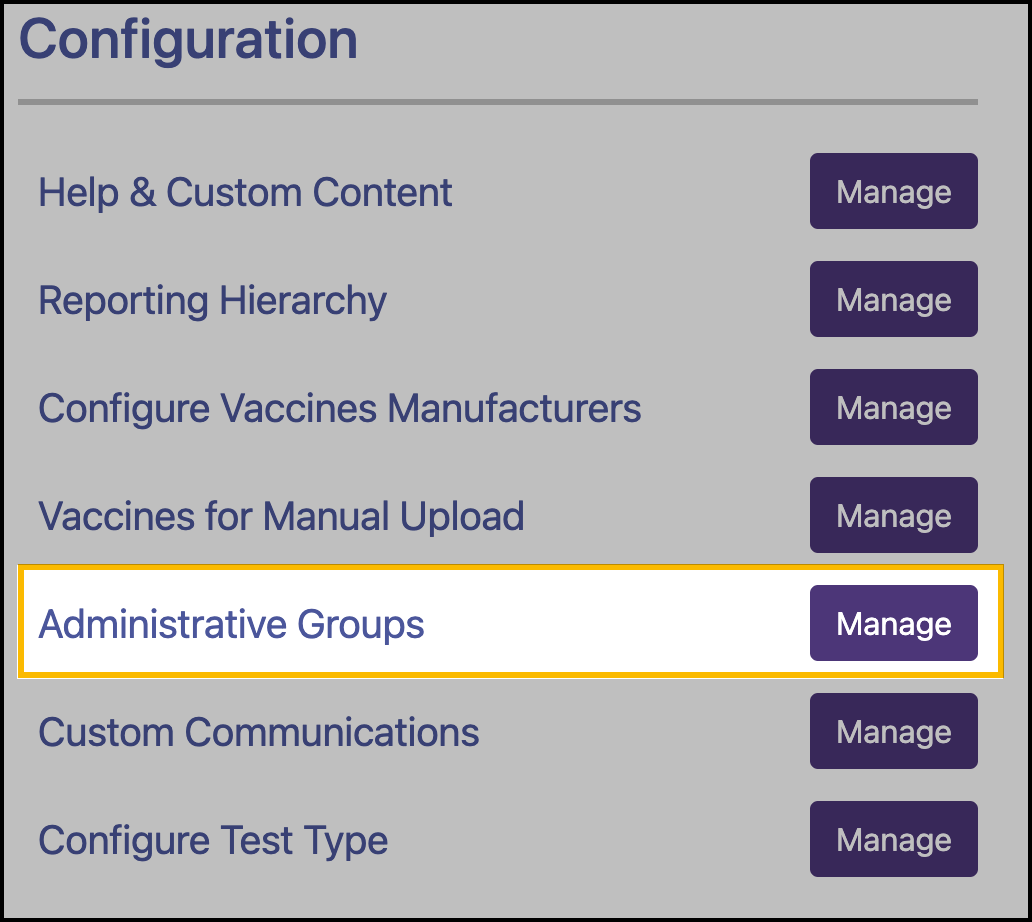 Screenshot showing the location of the button for Manage Administrative Groups.