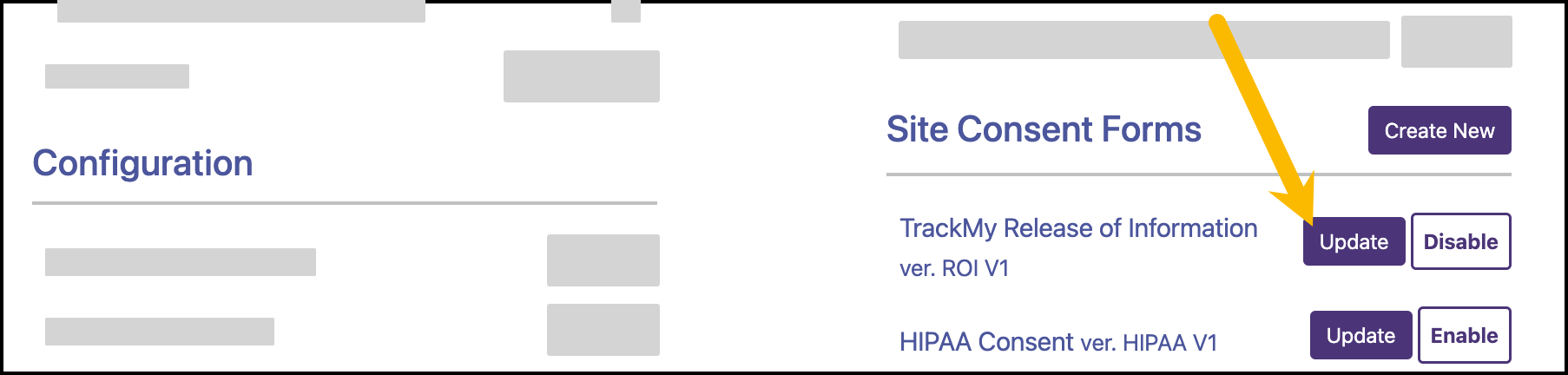 Screenshot showing the locations of the Update button for a site consent form.
