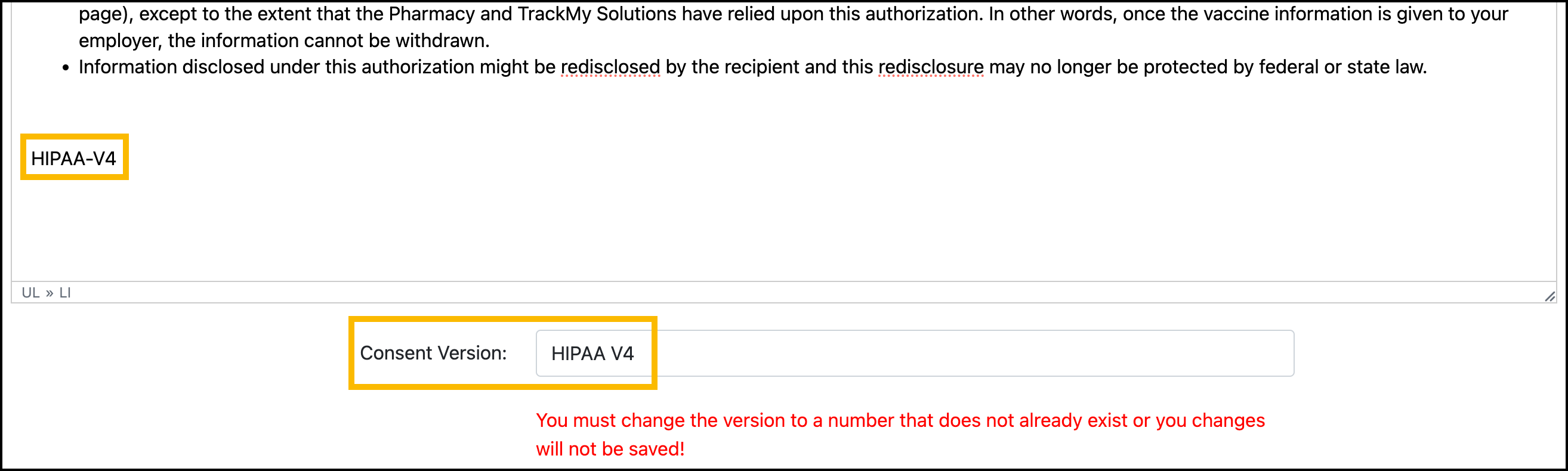 Screenshot highlights the location of the consent version number. Enter the consent version number in the text box for Consent Version.