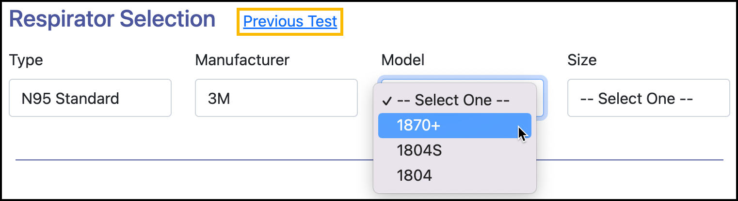 Screenshot of selecting respirator information in the fit test.