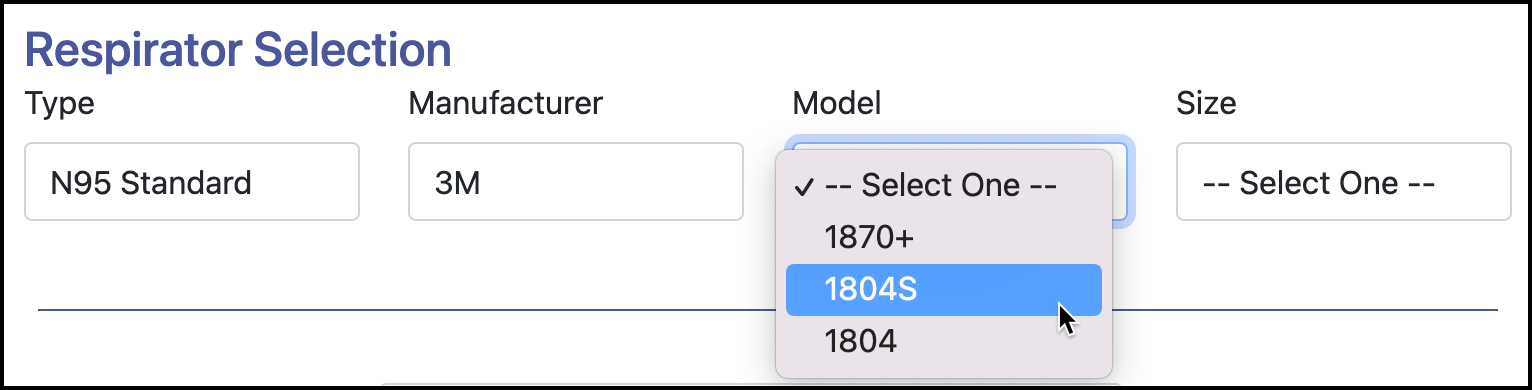 Screenshot of the Respirator Selection drop down selections.