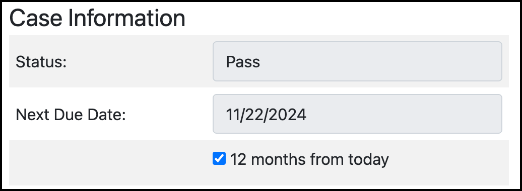 Screenshot showing the fit test status and next due date in the case information of the fit test.