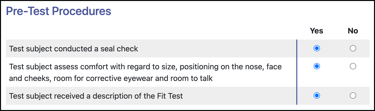 Screenshot of the pre-test procedure questions.