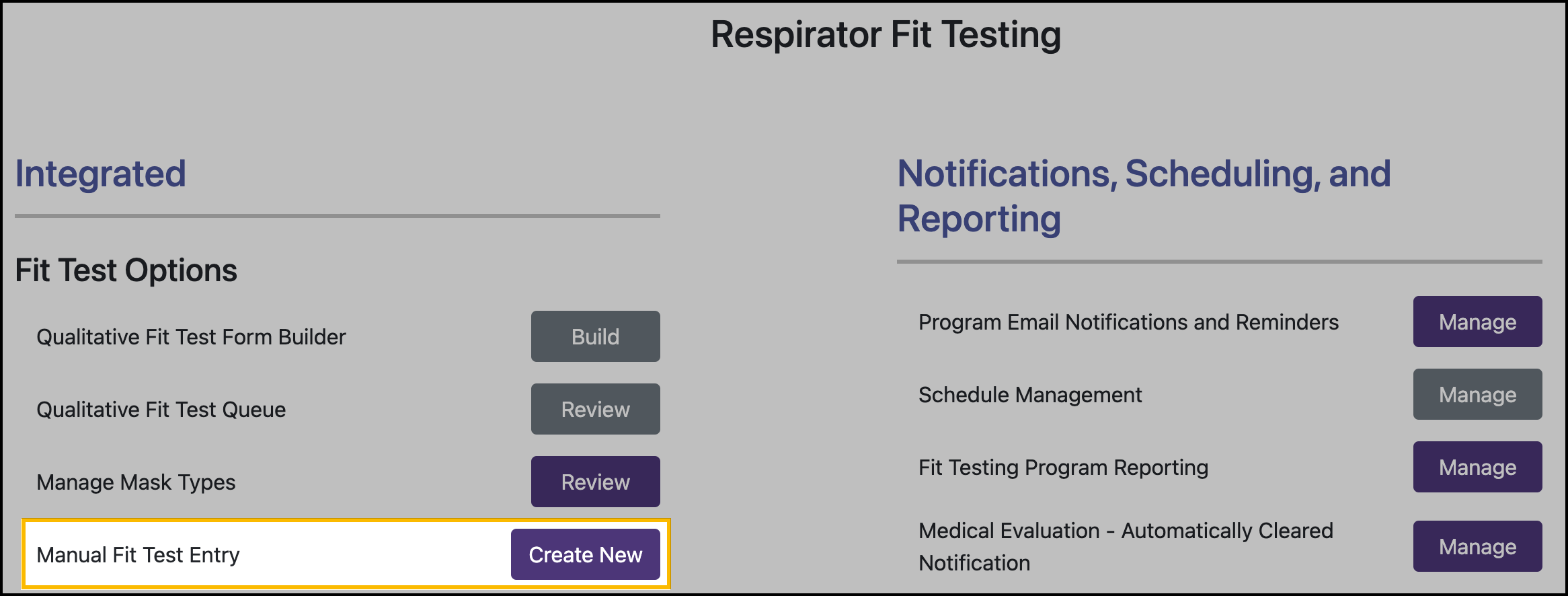 Screenshot showing the location of the Create New fit test entry button.