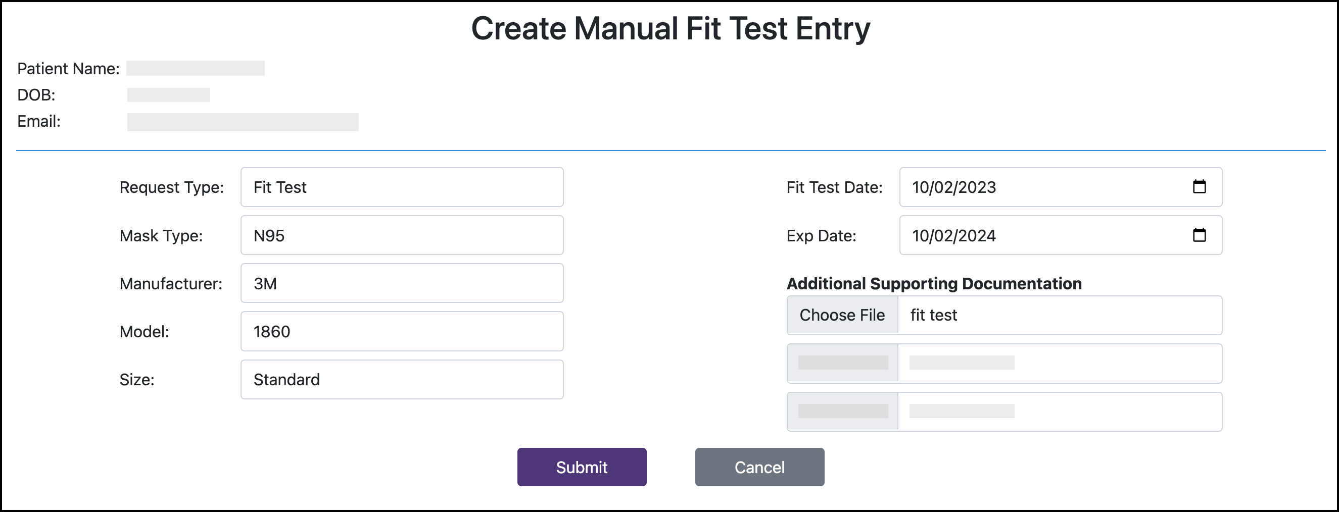 Screenshot of a completed entry for a fit test record.