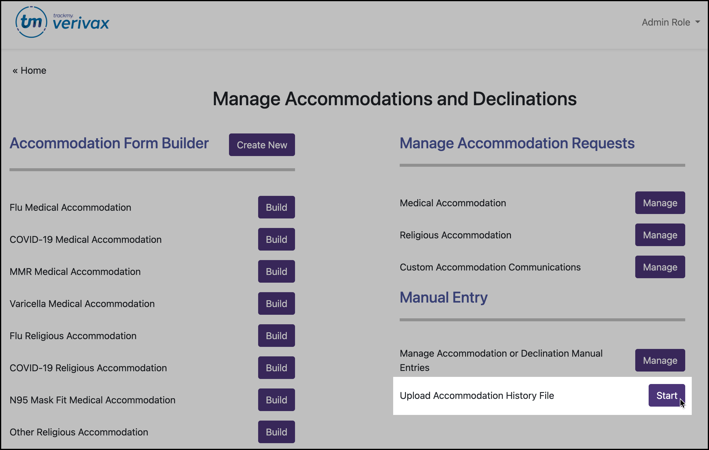 Upload Accommodation History file start button.