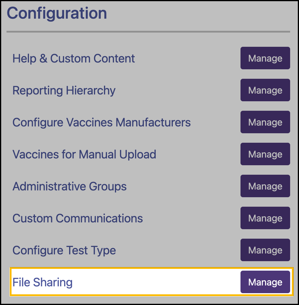 Screenshot showing the location of the Manage button for File Sharing.