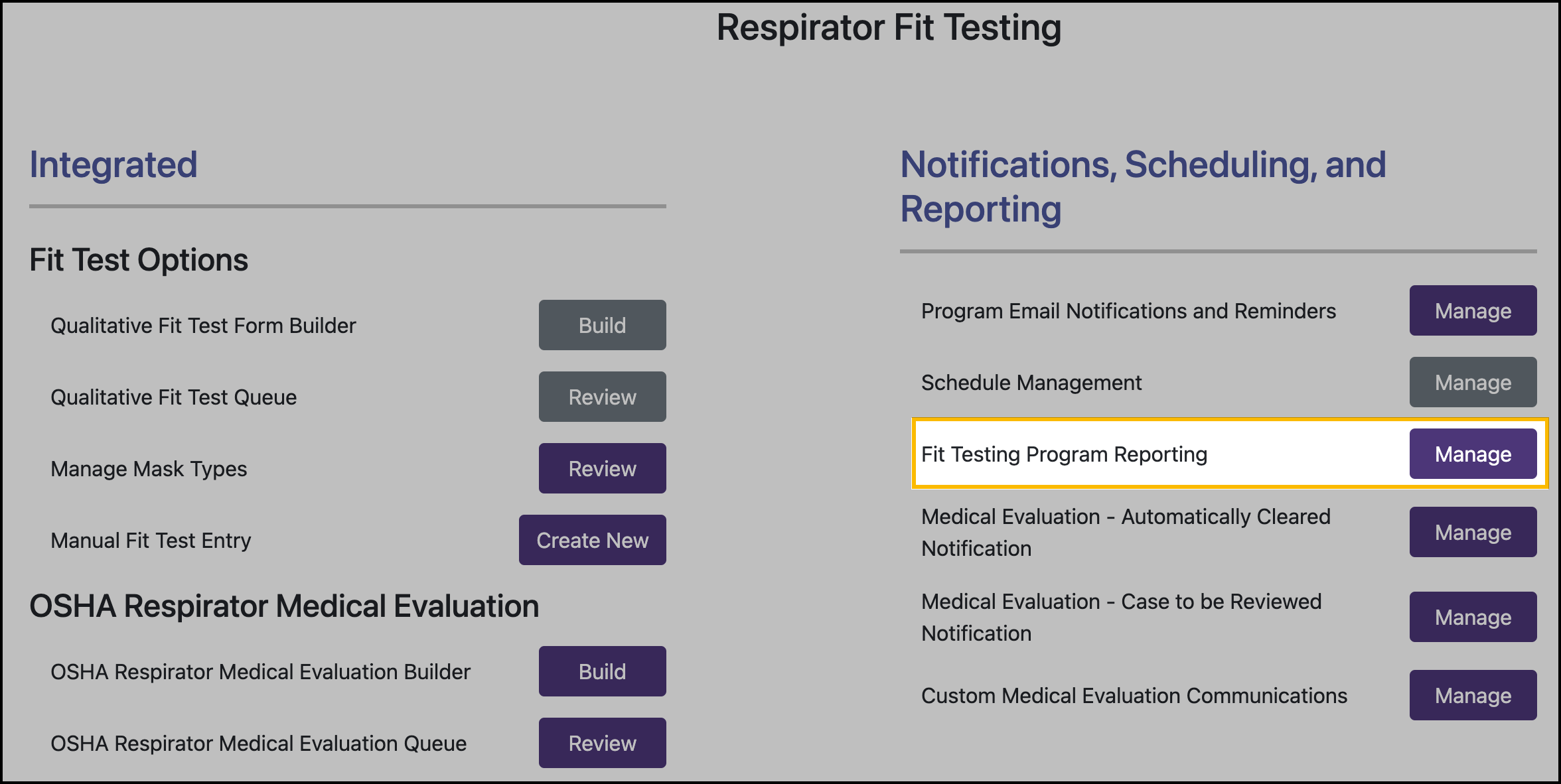 Screenshot showing the location of the Manage button for Fit Testing Program Reporting.