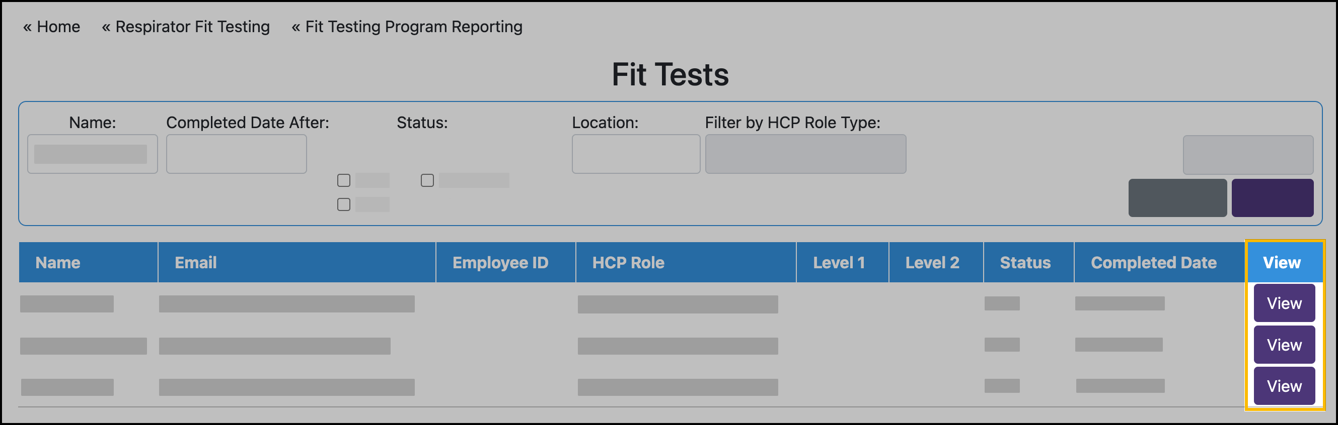 Screenshot showing the location of the View button for a fit test.