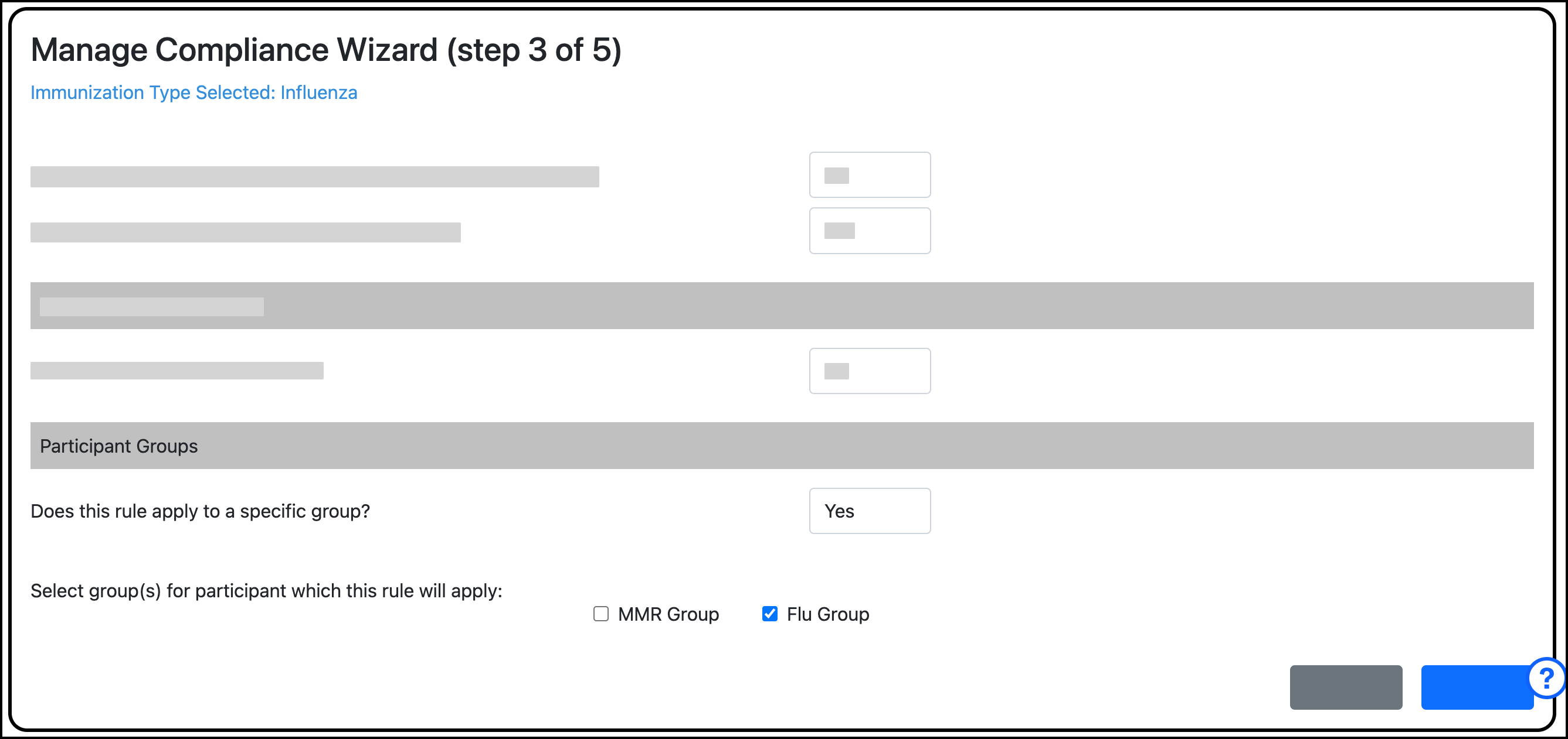 Screenshot of the Compliance User Group configuration for a vaccine rule. After selecting Yes in the dr