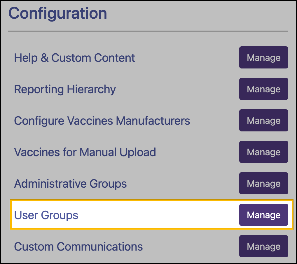 Screenshot showing the location of the Manage button User Groups in the Configuration section.