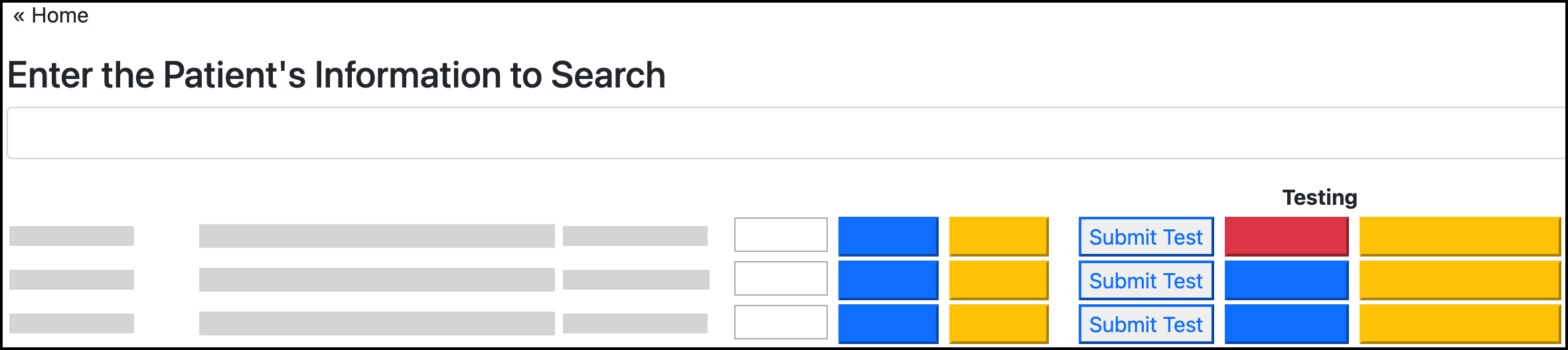 Screenshot showing the location of the Submit Test button in the patient search.