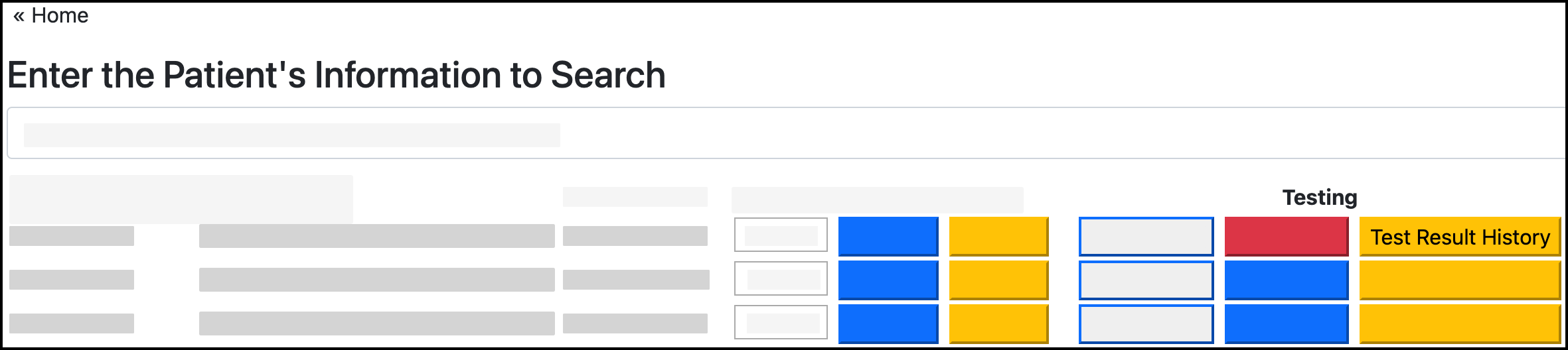 Screenshot showing the location of the Test Result History button in Search for Patient.