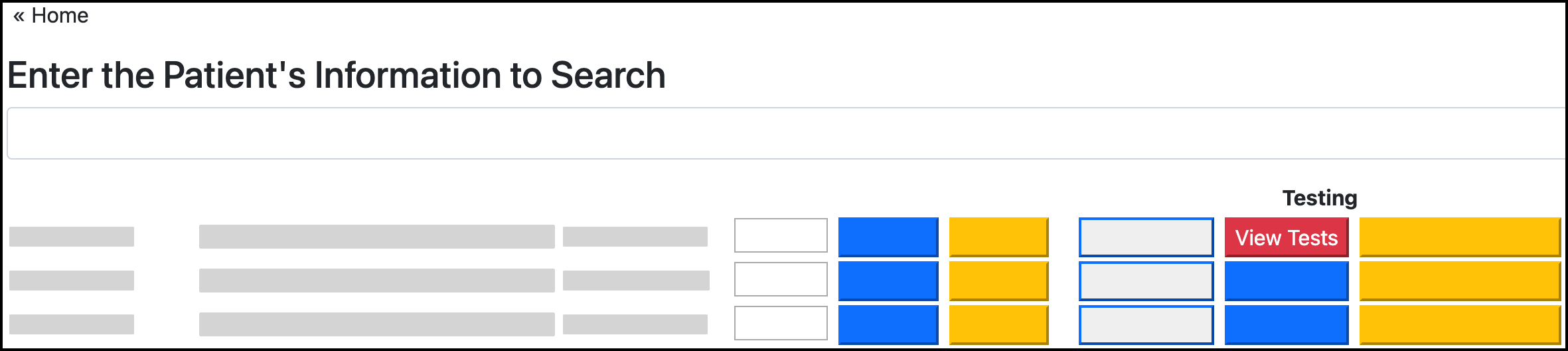 Screenshot showing the location of the View Tests button in the patient search.