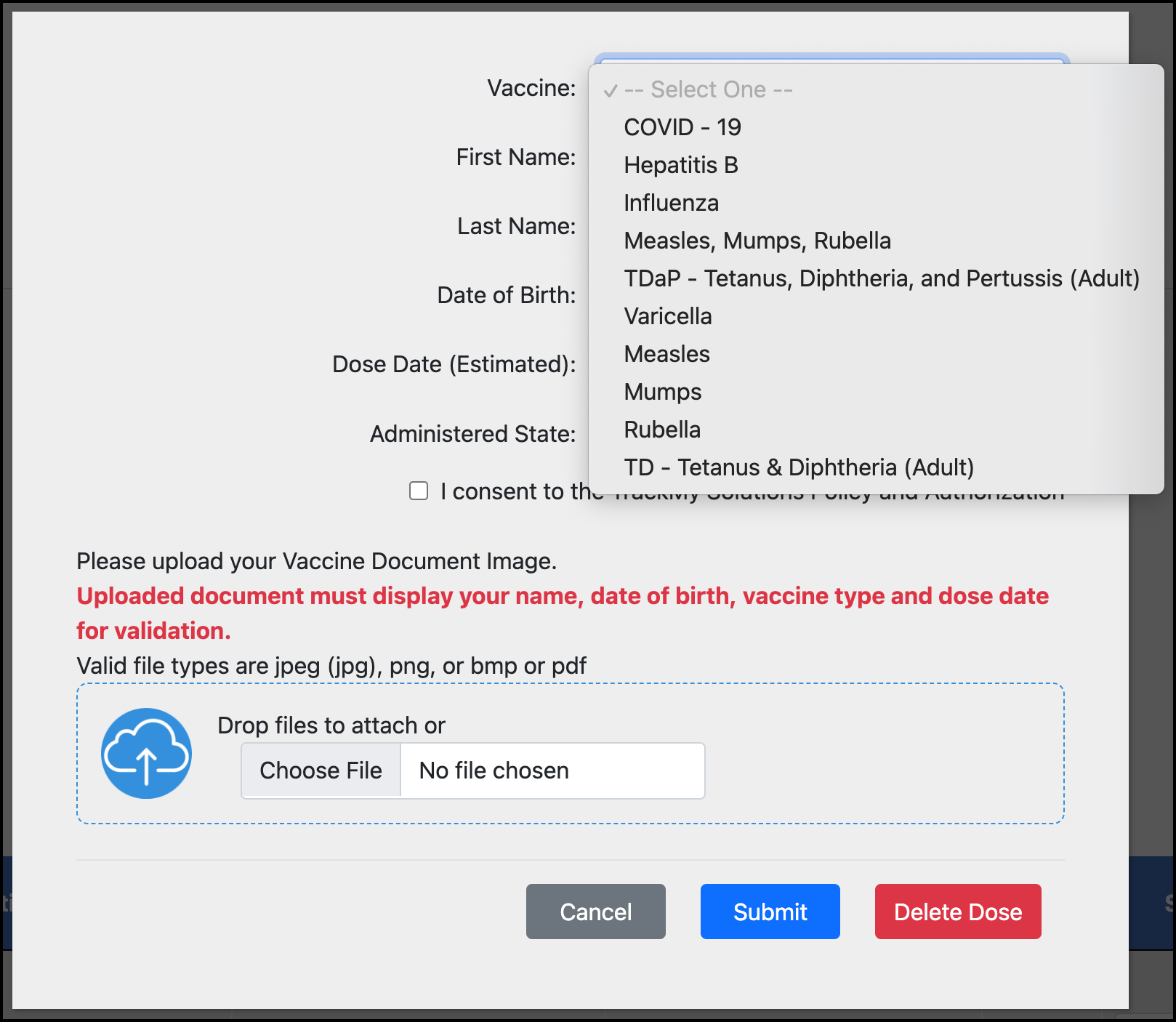 Screenshot of the vaccine type selection in the Edit dose popup.