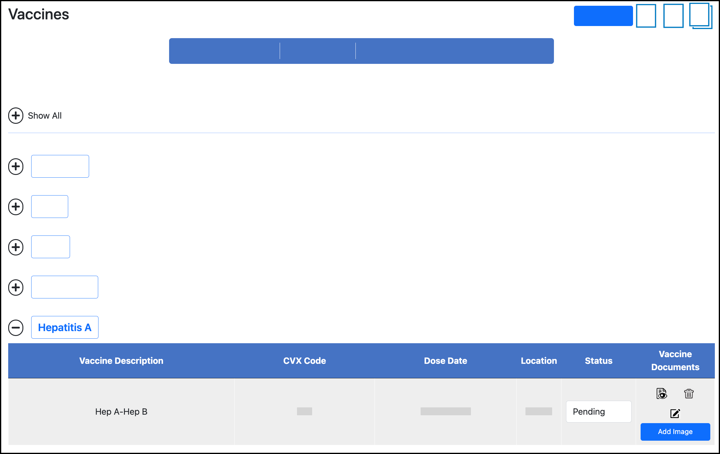 Screenshot of an expanded vaccine group in a user's Vaccines dashboard.