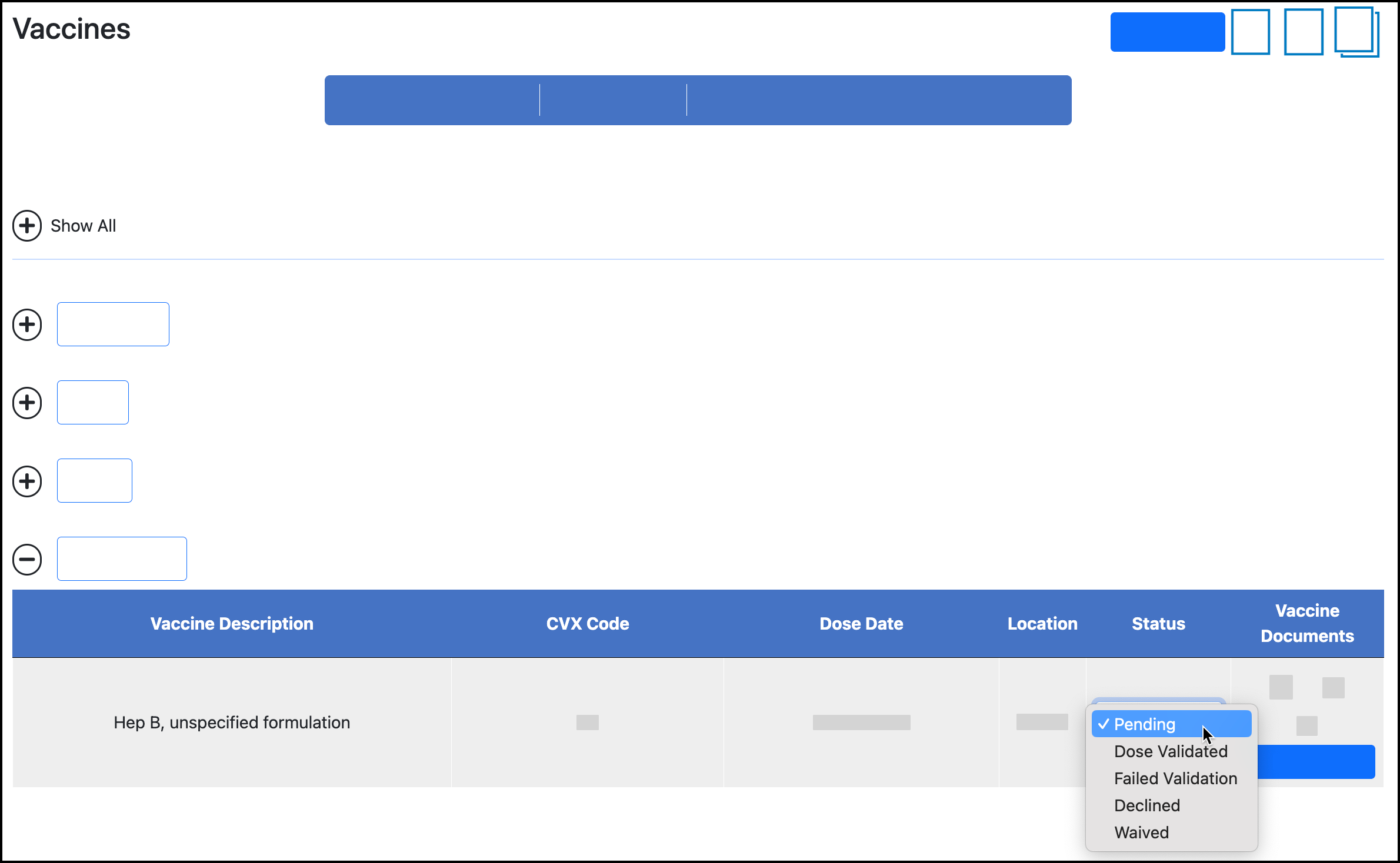 Schreenshot highlighting the location of the Status selection for a user's vaccine dose in their Vaccine dashboard.