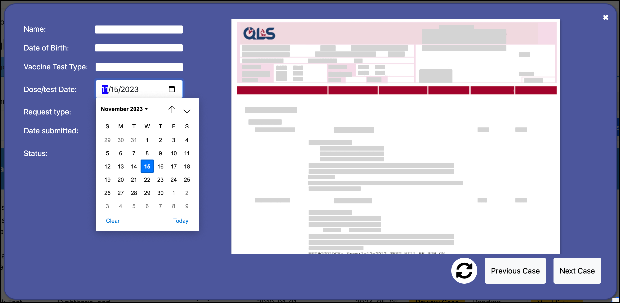 Screenshot highlighting the location of the Dose test Date selection in the Validation Queue case view popup.