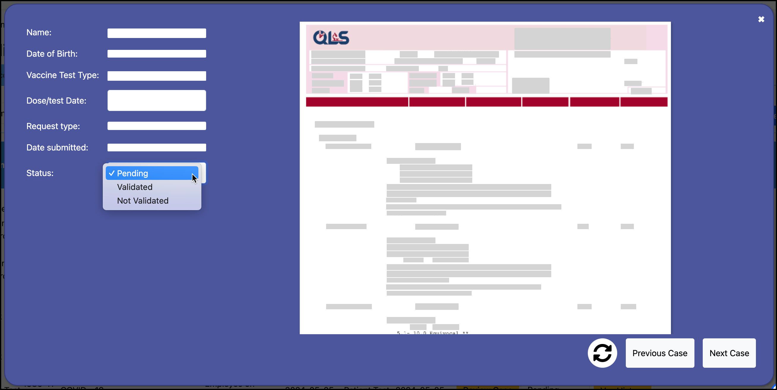 Screenshot highlighting the location of the Status selection in the Validation Queue case view popup.