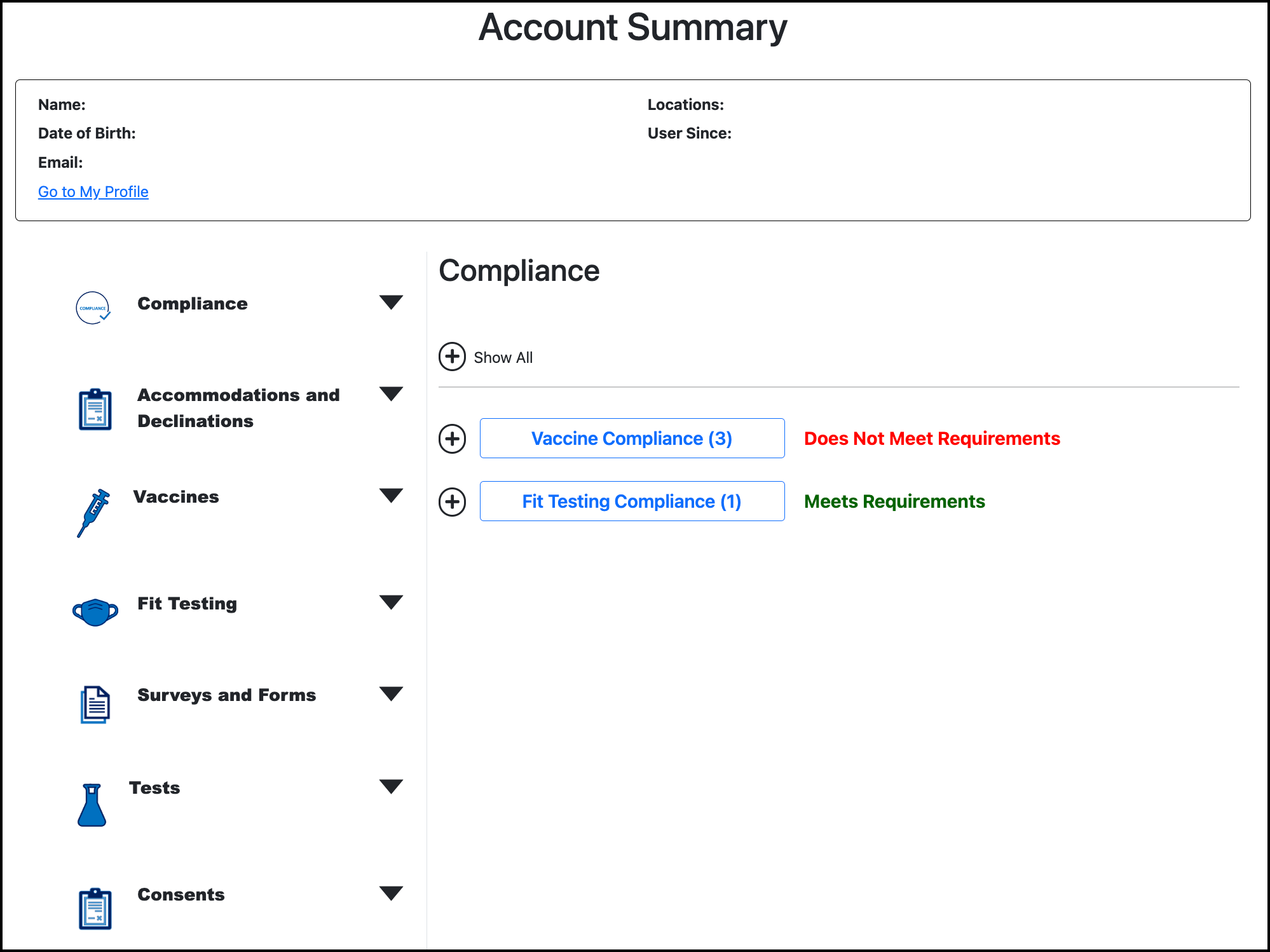 Screenshot of the Clinical view of a user's Account Summary.