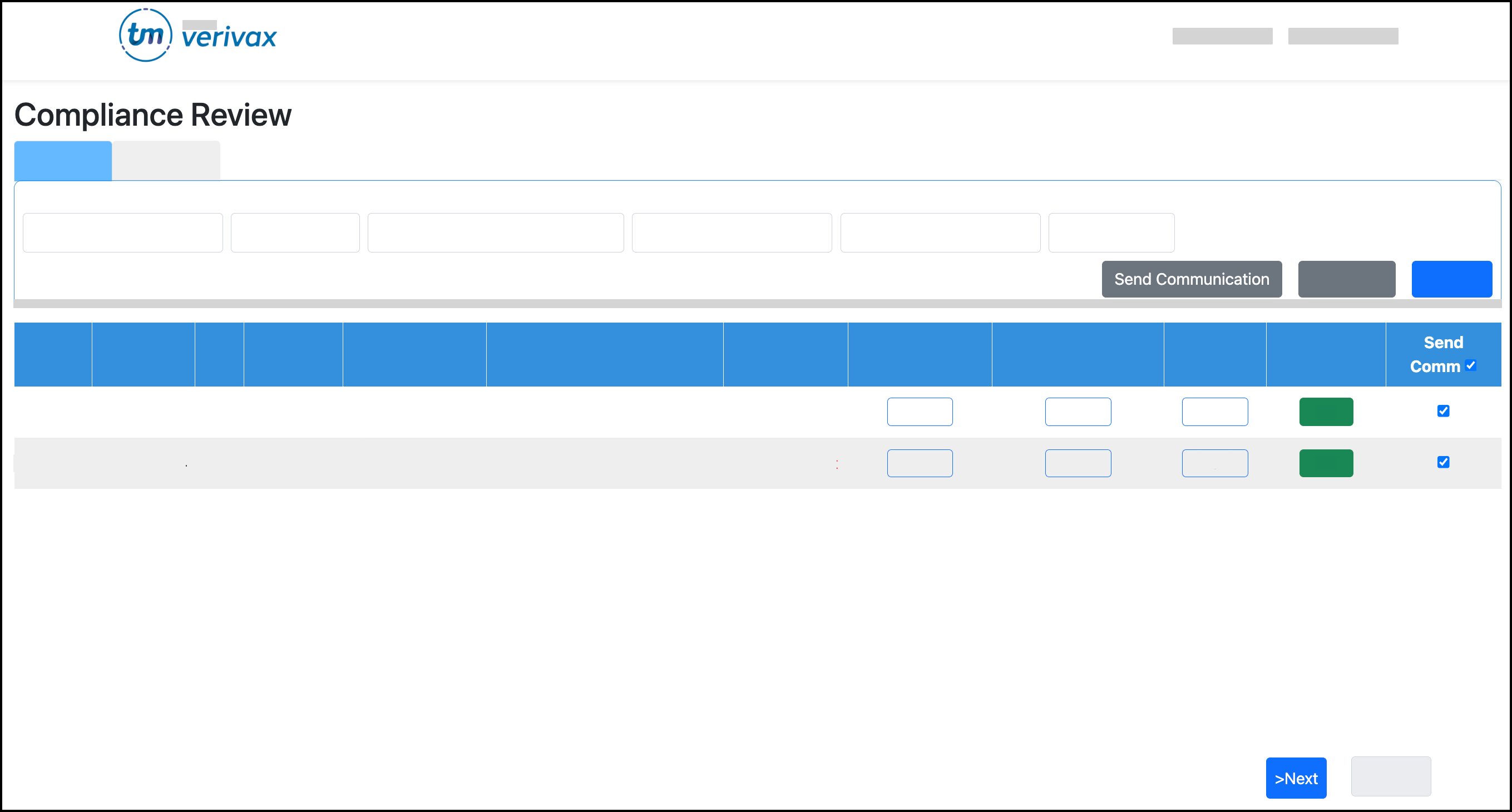 Screenshot showing the location of Communication buttons in the Compliance Review.