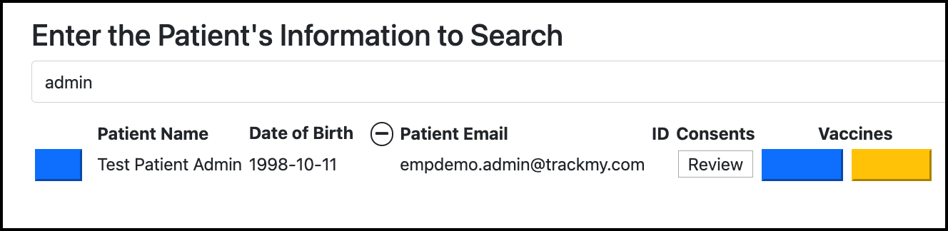 Screenshot of the Review consents button in Search for Patient.