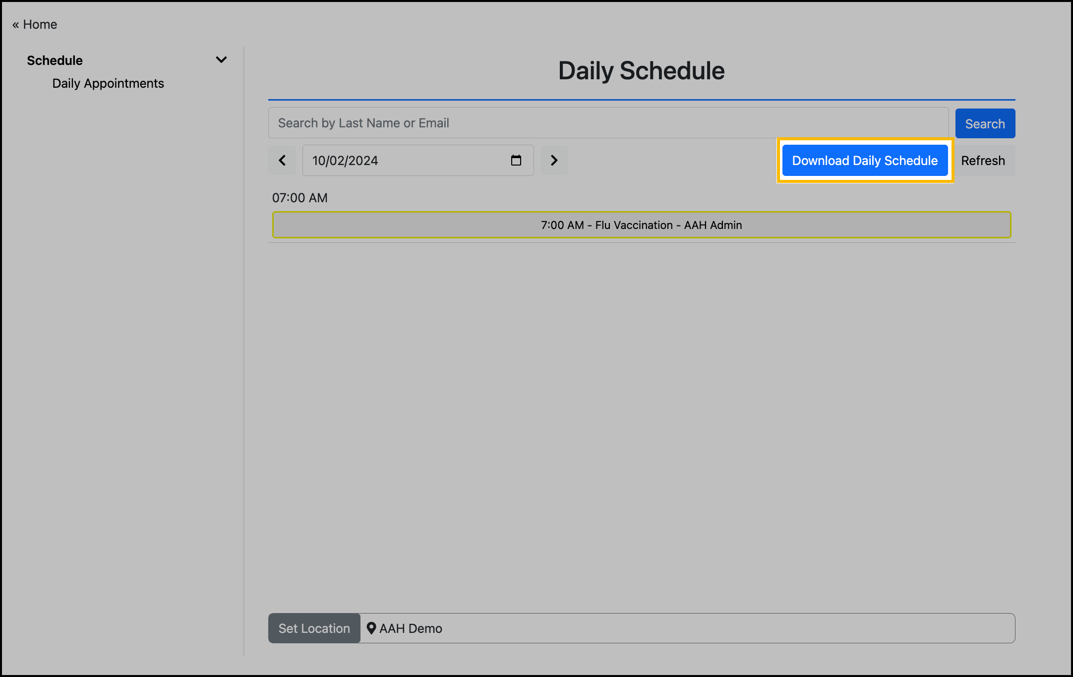 Screenshot of the Download Daily Schedule button.