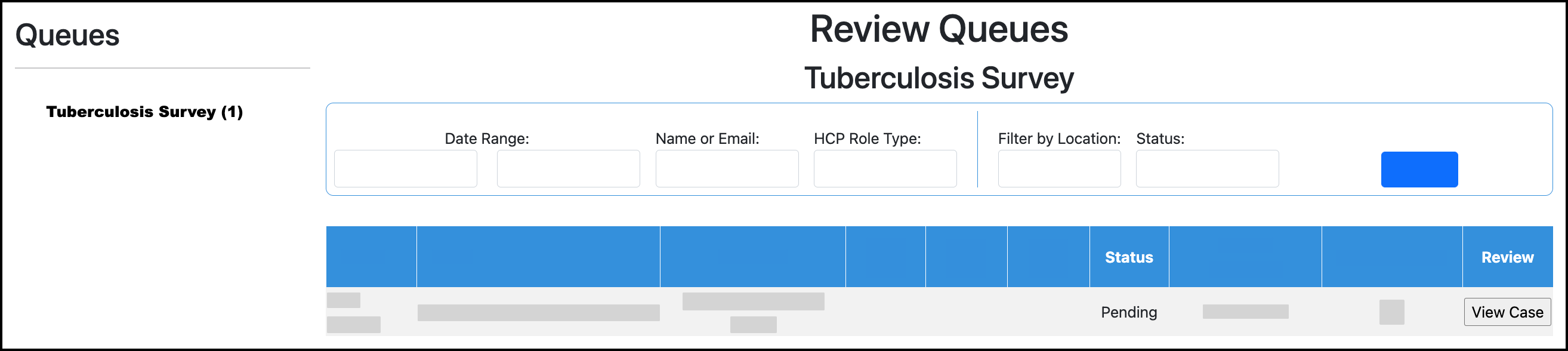 Screenshot of the View Case button in the Tuberculosis Survey Review Queue.