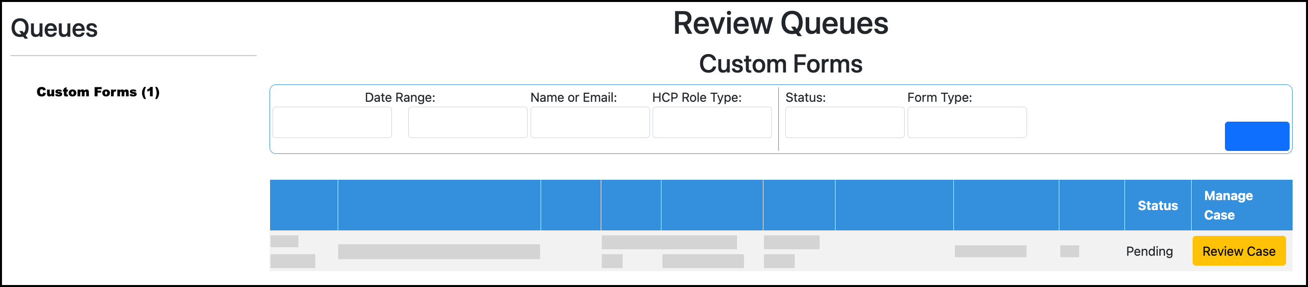 Screenshot of the Review Case button in the custom forms review queue.