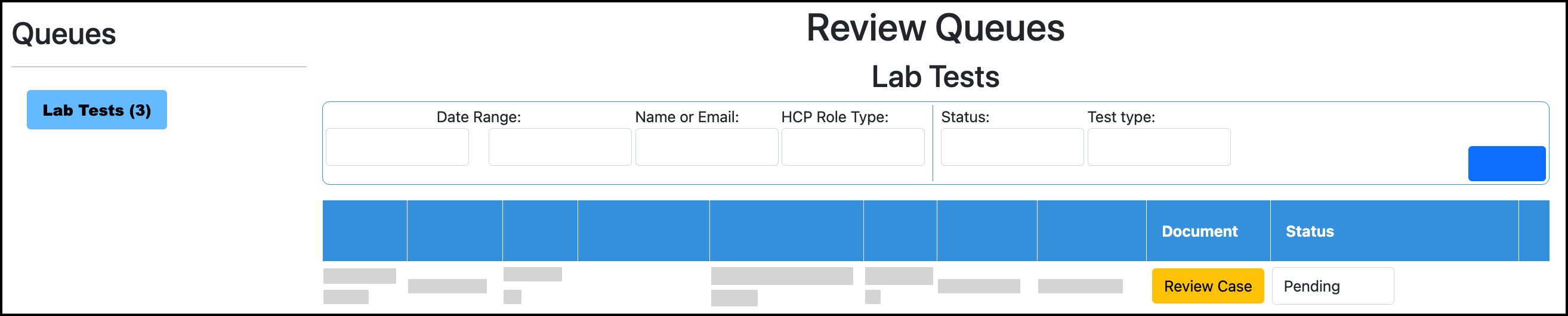 Screenshot of the review case button in the Lab Test review queue.