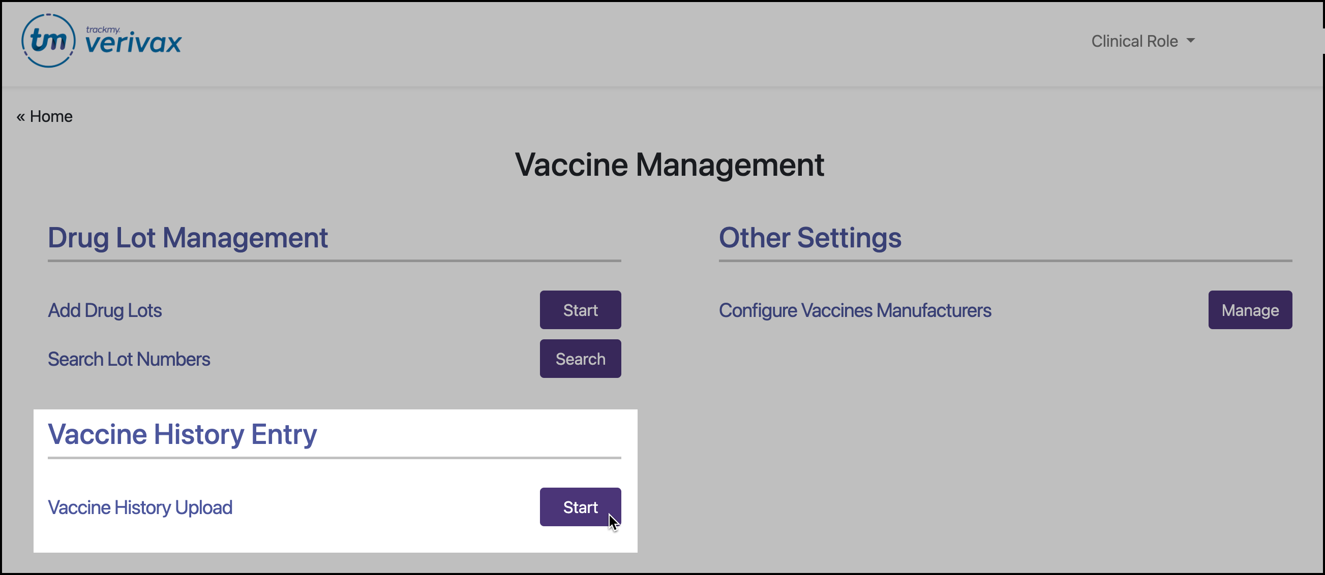 Screenshot of the Vaccine History Upload start button in Manage Vaccines